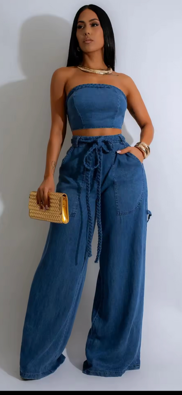 Blue High-Waisted Wide-Leg Denim Pants